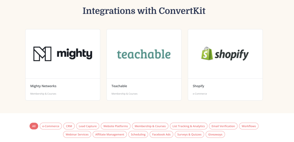 Convertkit vs Mailchimp: convertkit integrations 